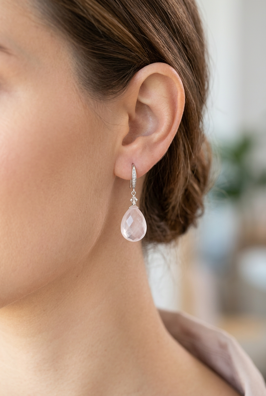 ROSE QUARTZ faceted briolette beads Sterling Silver Drop Earrings