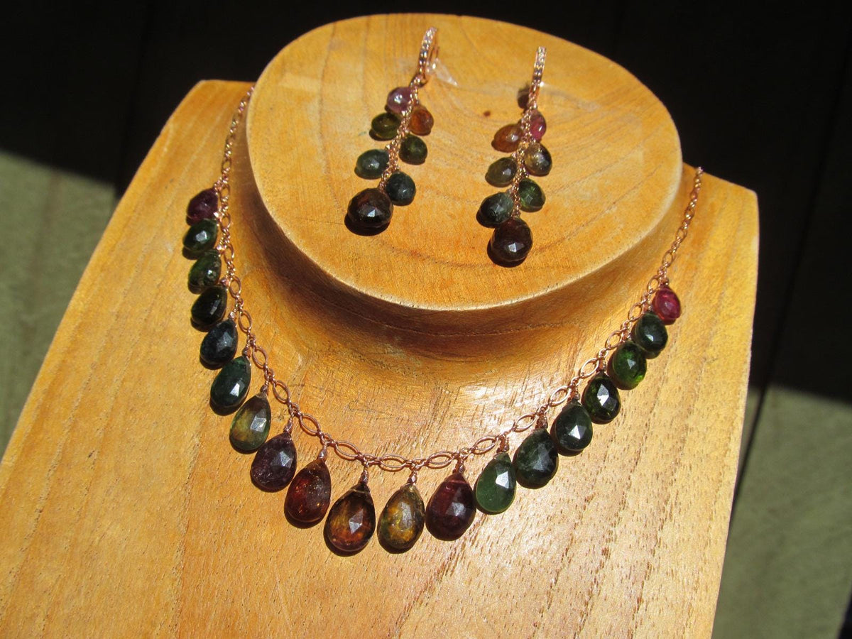 WATERMELON TOURMALINE dark tones faceted briolette beads 14k Rose Gold Filled Necklace Set