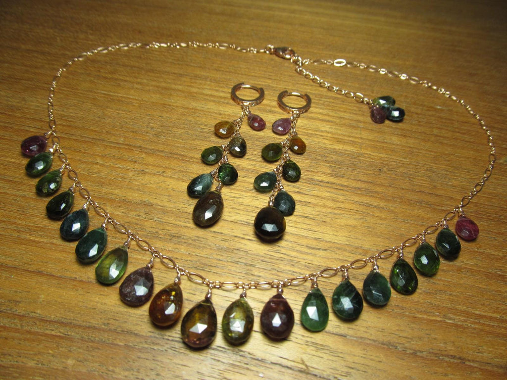 WATERMELON TOURMALINE dark tones faceted briolette beads 14k Rose Gold Filled Necklace Set
