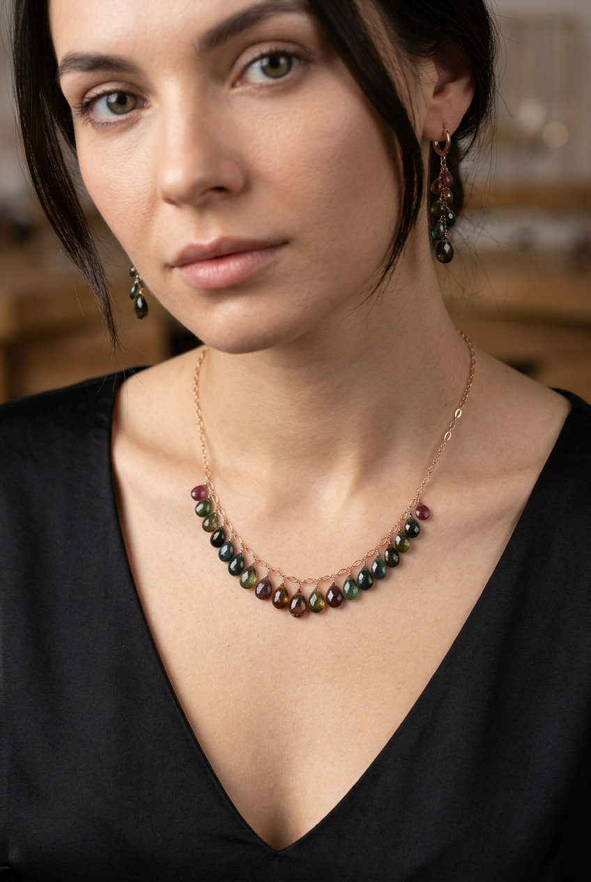 WATERMELON TOURMALINE dark tones faceted briolette beads 14k Rose Gold Filled Necklace Set