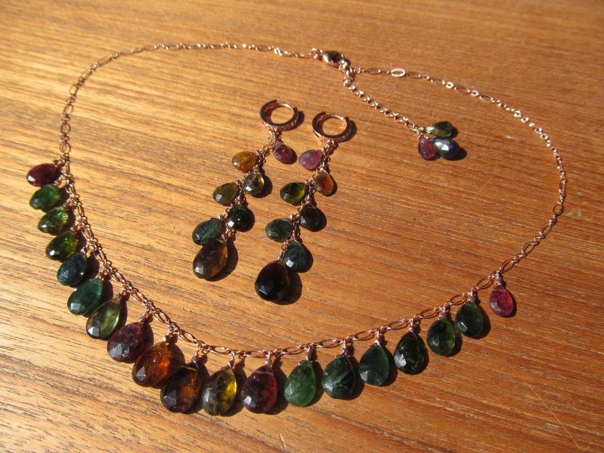 WATERMELON TOURMALINE dark tones faceted briolette beads 14k Rose Gold Filled Necklace Set