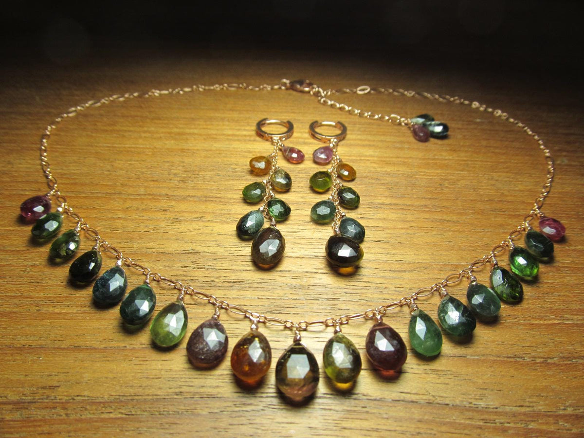 WATERMELON TOURMALINE dark tones faceted briolette beads 14k Rose Gold Filled Necklace Set