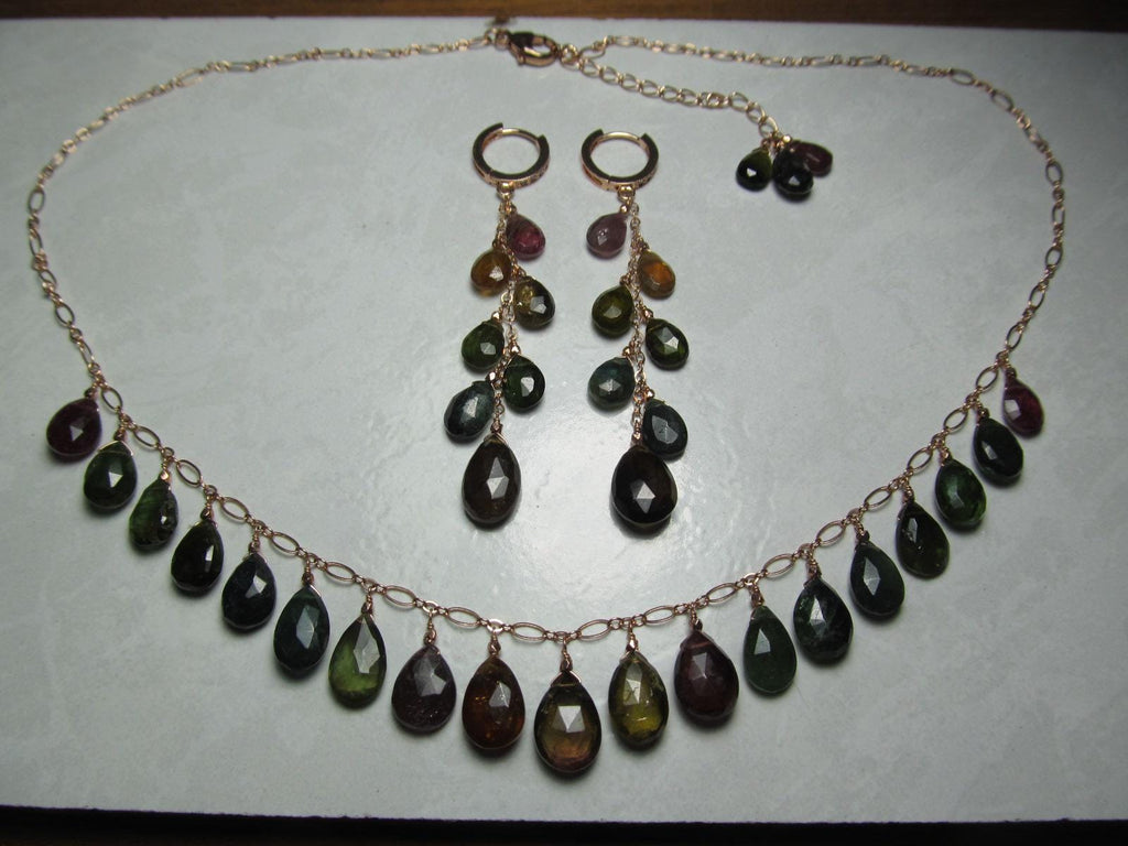 WATERMELON TOURMALINE dark tones faceted briolette beads 14k Rose Gold Filled Necklace Set