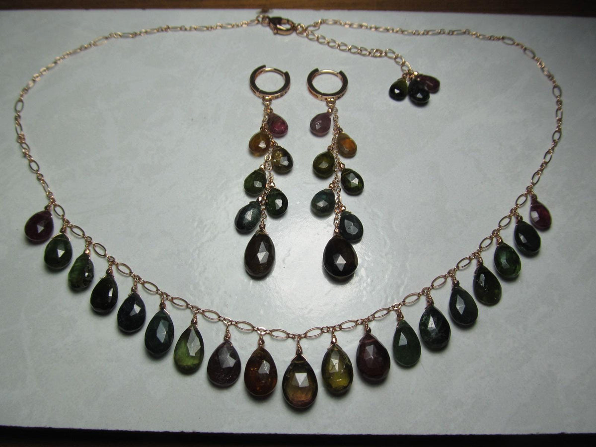 WATERMELON TOURMALINE dark tones faceted briolette beads 14k Rose Gold Filled Necklace Set