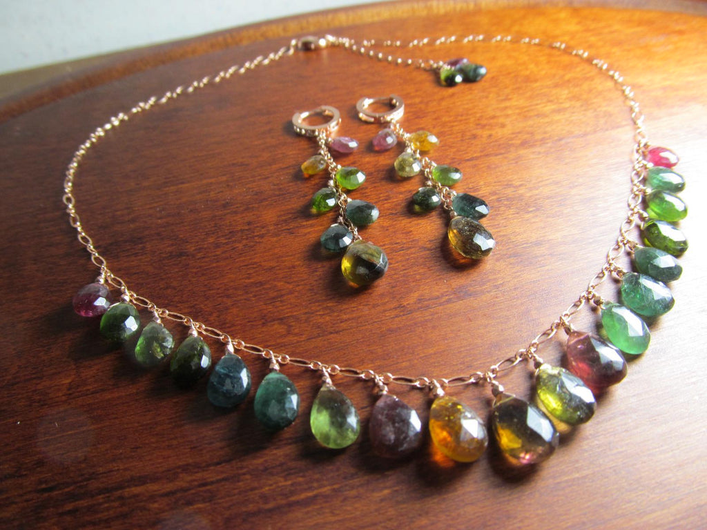 WATERMELON TOURMALINE dark tones faceted briolette beads 14k Rose Gold Filled Necklace Set