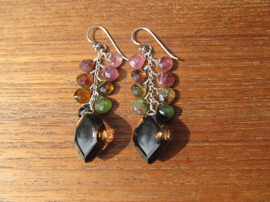 SMOKEY QUARTZ w/ Watermelon Tourmaline faceted briolettes beads Sterling silver drop dangle earrings