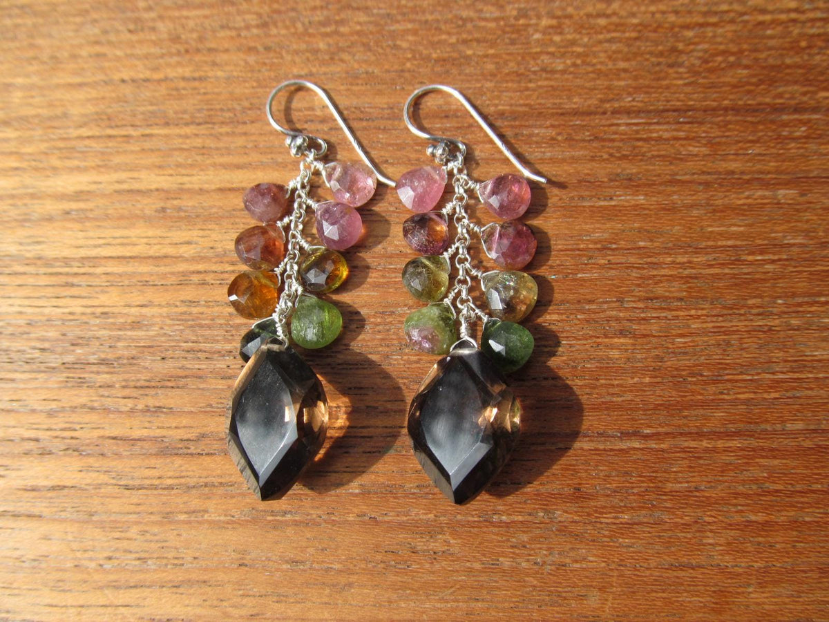 SMOKEY QUARTZ w/ Watermelon Tourmaline faceted briolettes beads Sterling silver drop dangle earrings