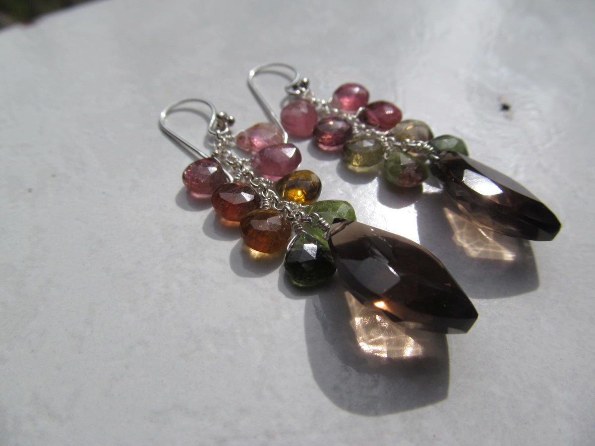 SMOKEY QUARTZ w/ Watermelon Tourmaline faceted briolettes beads Sterling silver drop dangle earrings