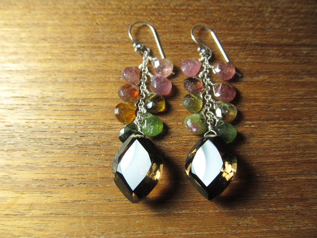 SMOKEY QUARTZ w/ Watermelon Tourmaline faceted briolettes beads Sterling silver drop dangle earrings