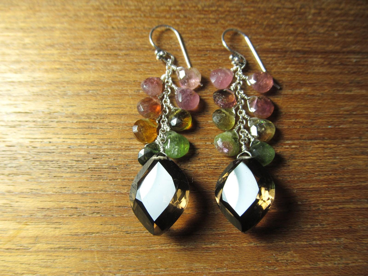 SMOKEY QUARTZ w/ Watermelon Tourmaline faceted briolettes beads Sterling silver drop dangle earrings