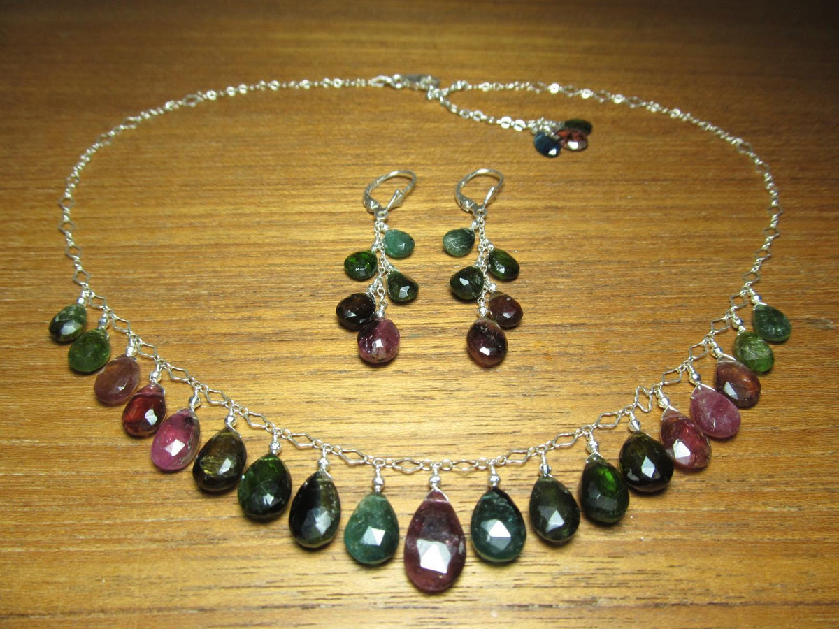 WATERMELON TOURMALINE dark tones faceted briolette beads Sterling Silver Necklace Set