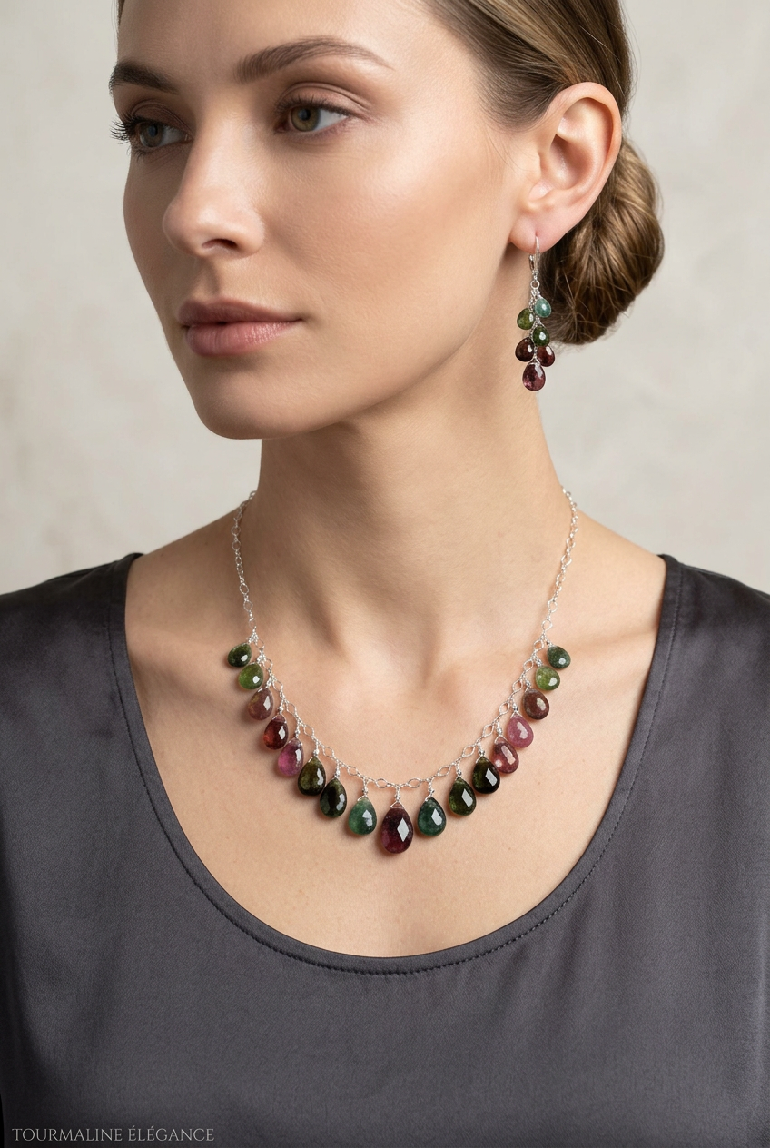 WATERMELON TOURMALINE dark tones faceted briolette beads Sterling Silver Necklace Set