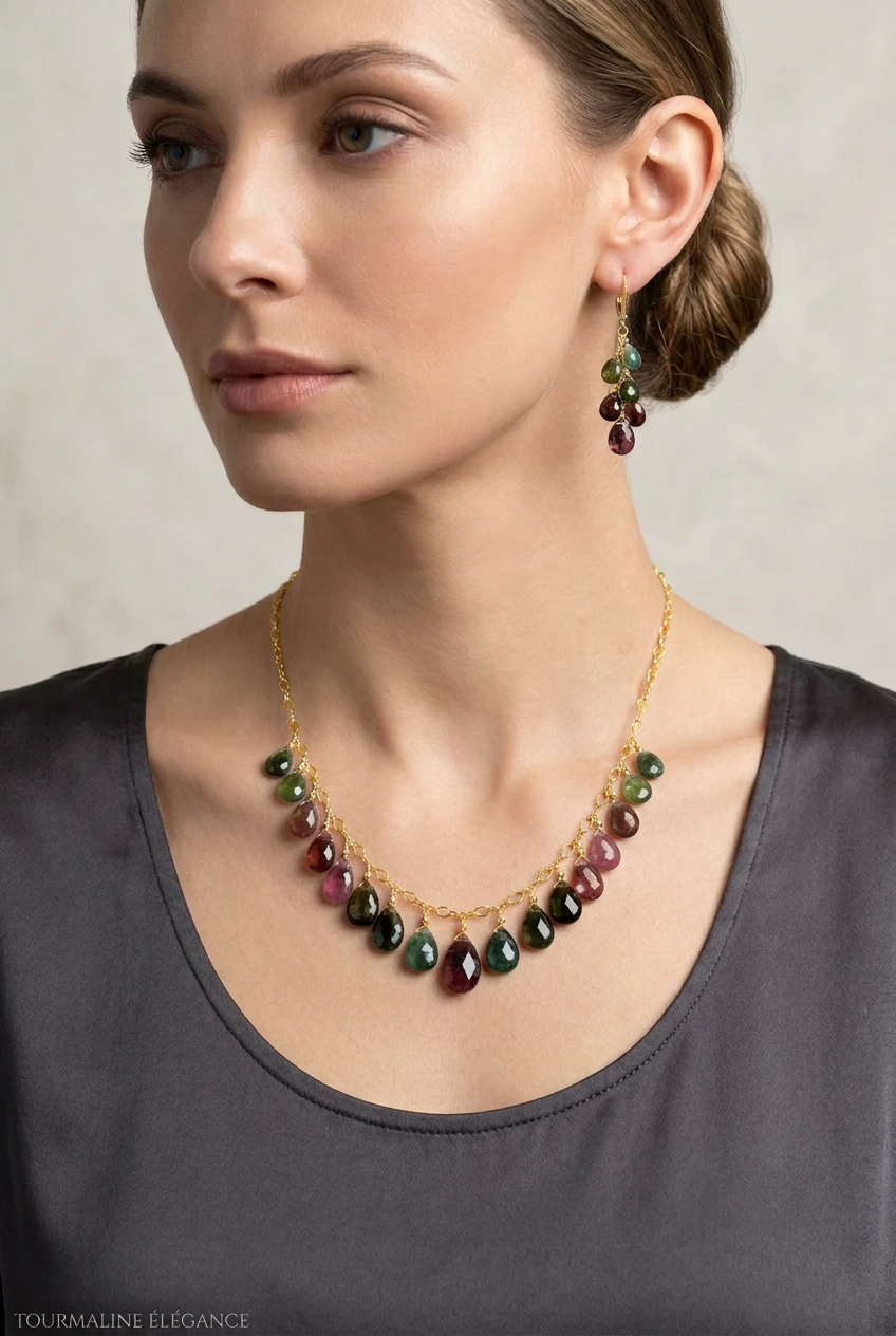 WATERMELON TOURMALINE dark tones faceted briolette beads Sterling Silver Necklace Set