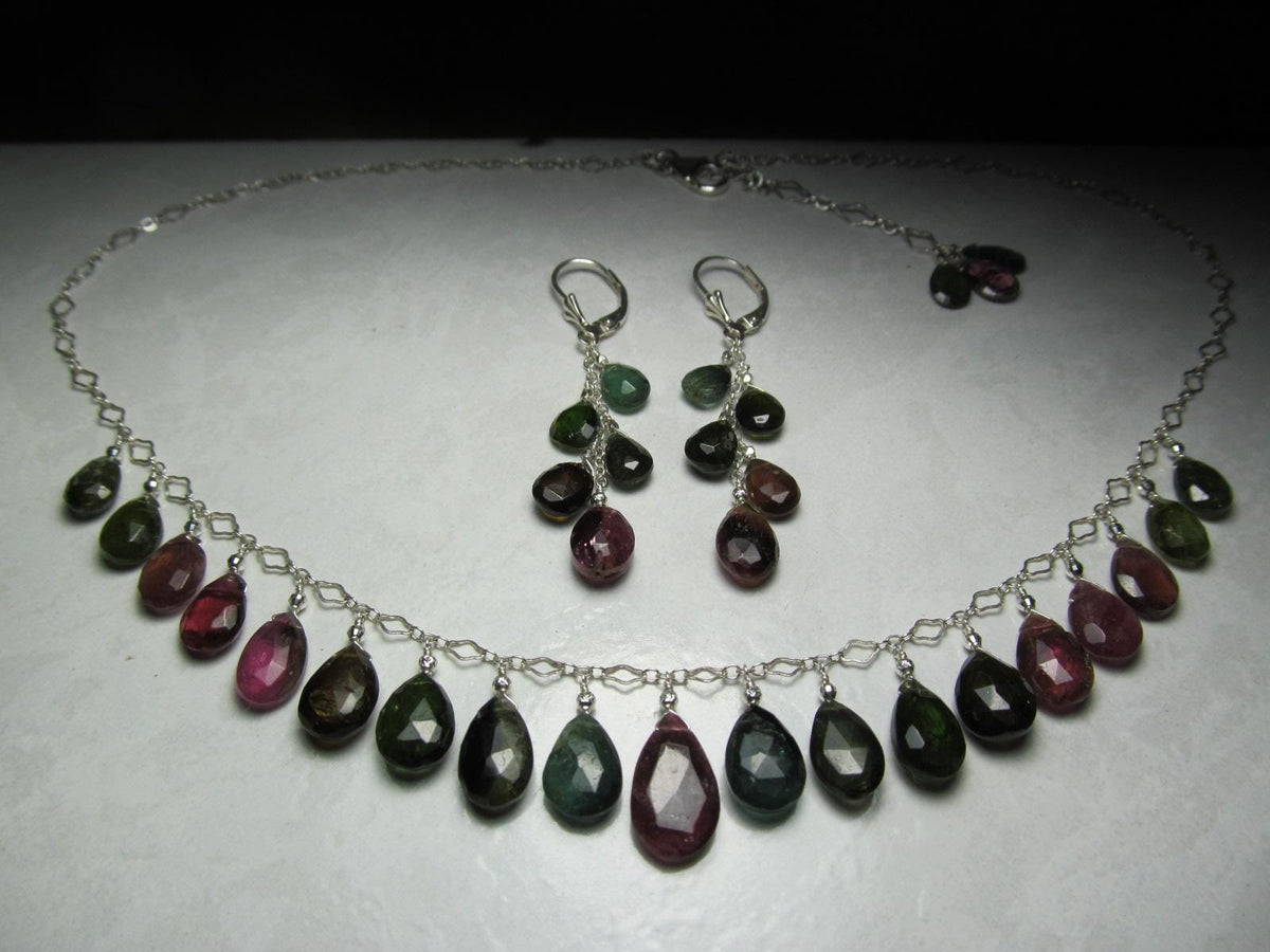 WATERMELON TOURMALINE dark tones faceted briolette beads Sterling Silver Necklace Set