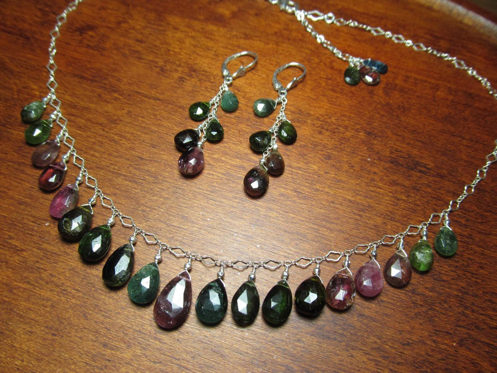 WATERMELON TOURMALINE dark tones faceted briolette beads Sterling Silver Necklace Set