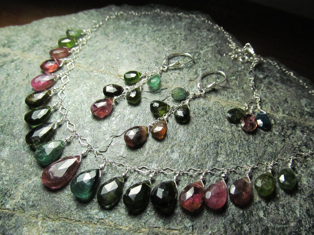 WATERMELON TOURMALINE dark tones faceted briolette beads Sterling Silver Necklace Set