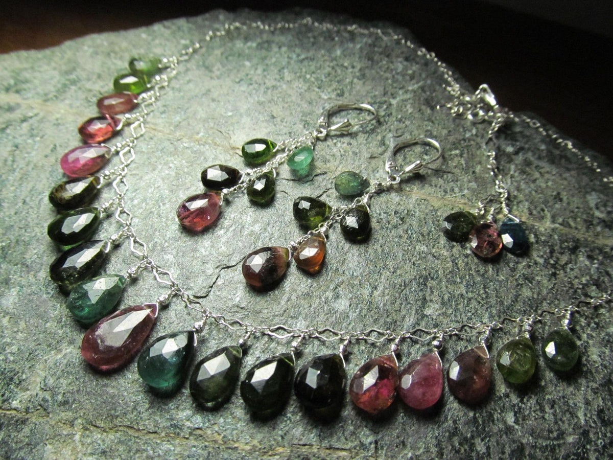 WATERMELON TOURMALINE dark tones faceted briolette beads Sterling Silver Necklace Set