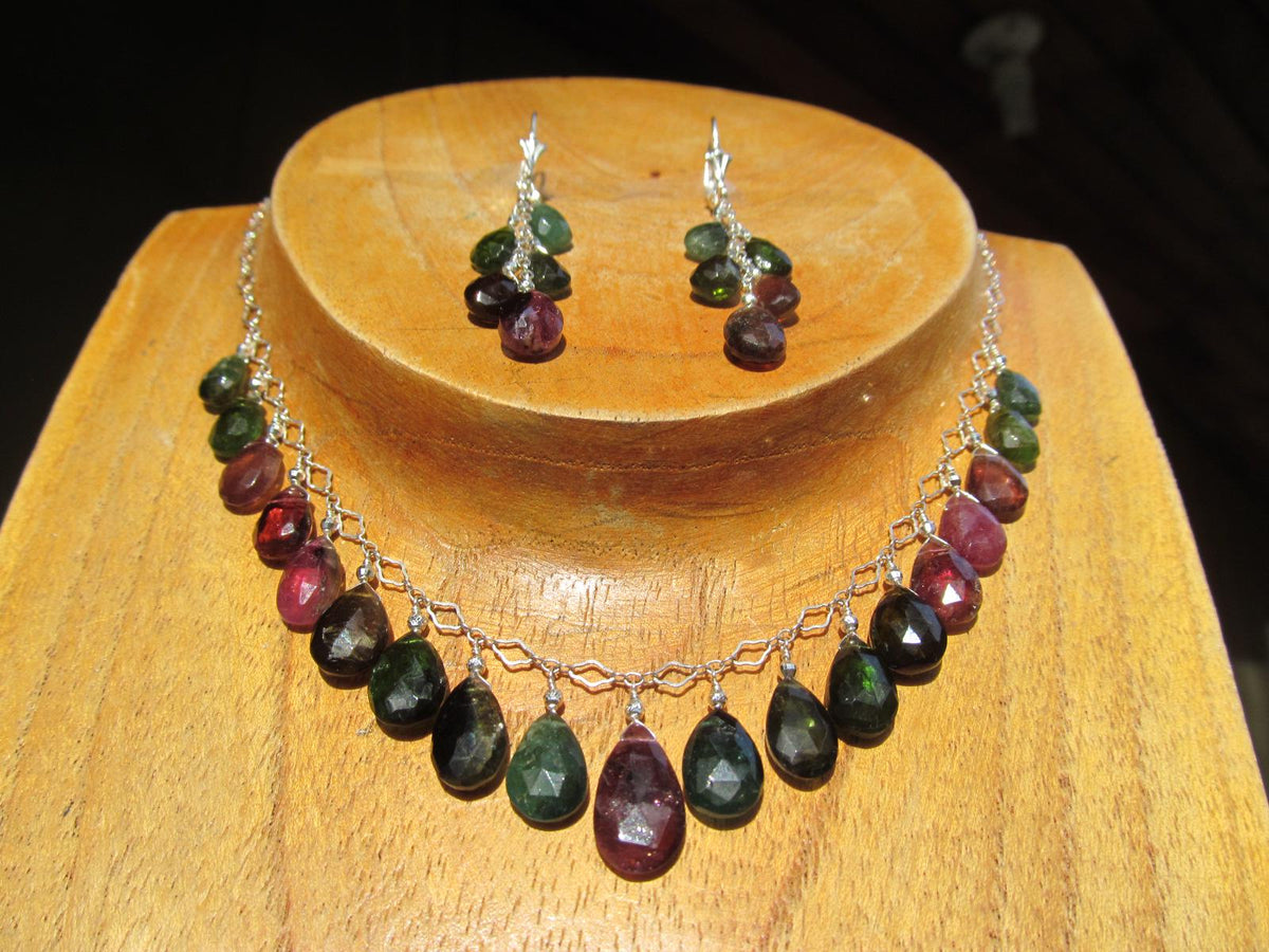 WATERMELON TOURMALINE dark tones faceted briolette beads Sterling Silver Necklace Set