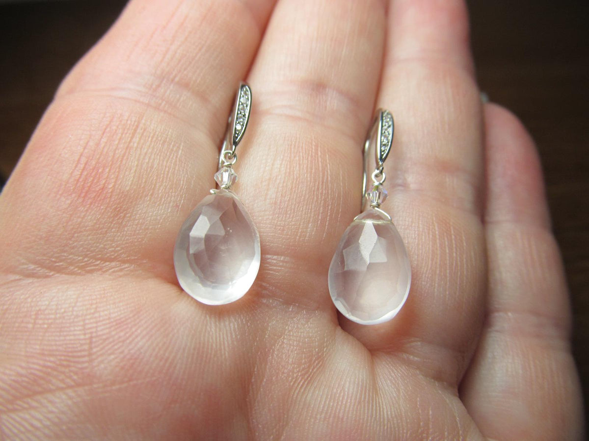 ROSE QUARTZ faceted briolette beads Sterling Silver Drop Earrings