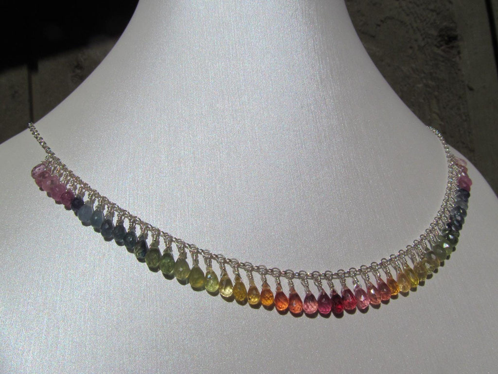 Madagascar RAINBOW SAPPHIRE faceted briolette beads Sterling Silver Necklace