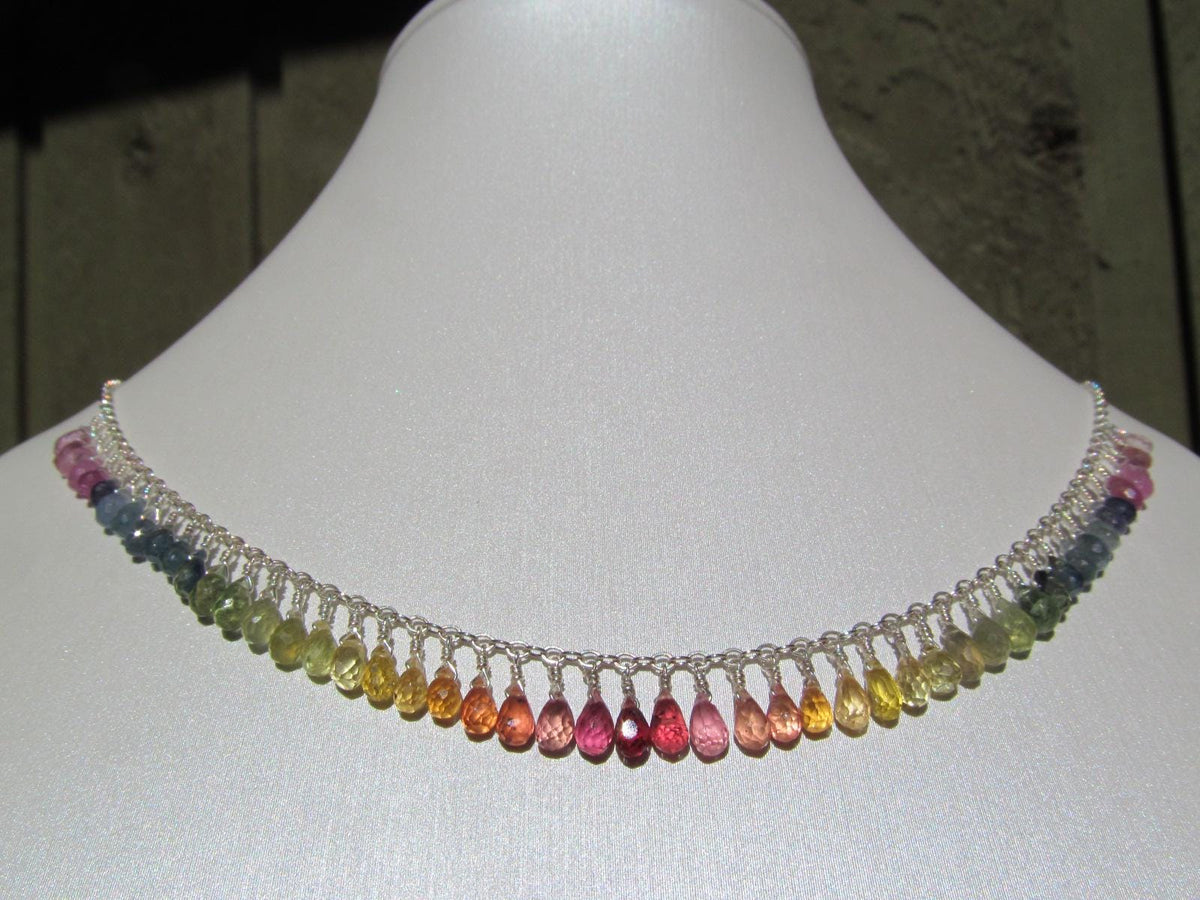 Madagascar RAINBOW SAPPHIRE faceted briolette beads Sterling Silver Necklace