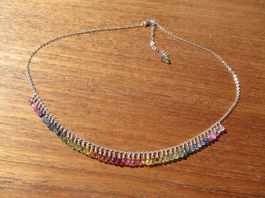Madagascar RAINBOW SAPPHIRE faceted briolette beads Sterling Silver Necklace