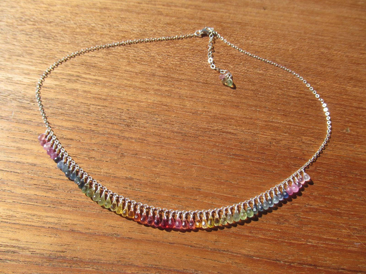 Madagascar RAINBOW SAPPHIRE faceted briolette beads Sterling Silver Necklace