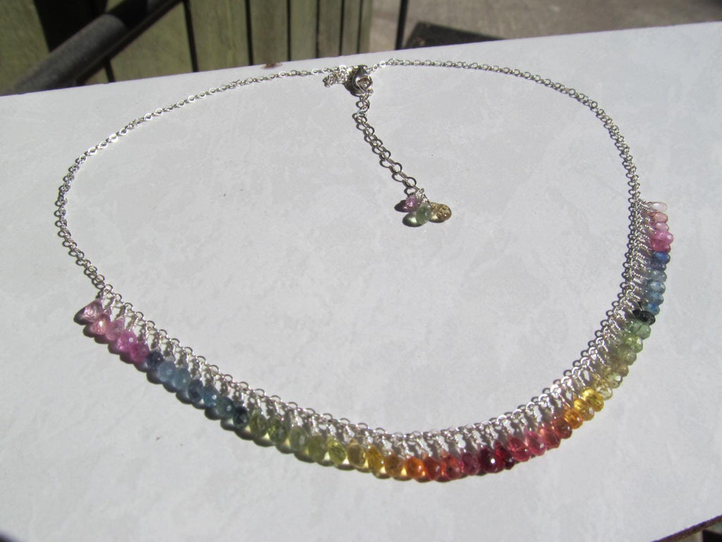 Madagascar RAINBOW SAPPHIRE faceted briolette beads Sterling Silver Necklace