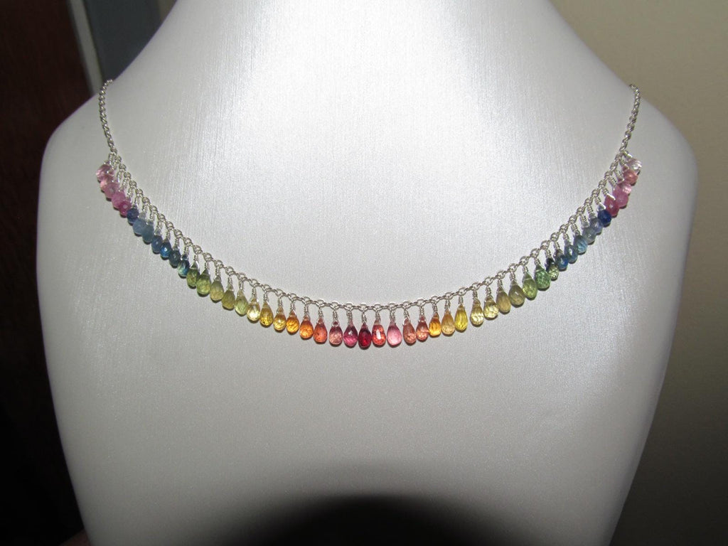 Madagascar RAINBOW SAPPHIRE faceted briolette beads Sterling Silver Necklace