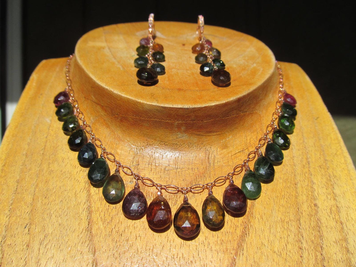 WATERMELON TOURMALINE dark tones faceted briolette beads 14k Rose Gold Filled Necklace Set