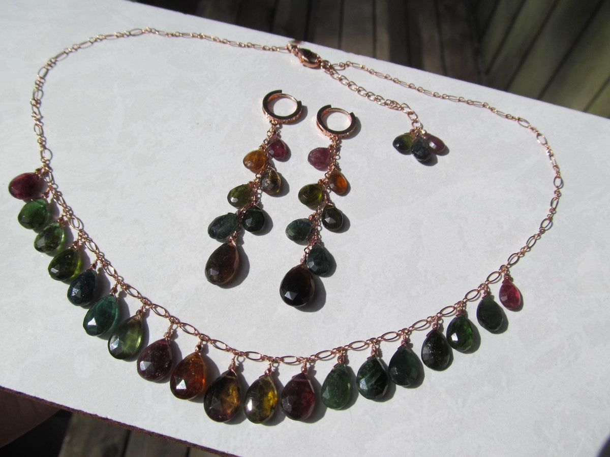 WATERMELON TOURMALINE dark tones faceted briolette beads 14k Rose Gold Filled Necklace Set