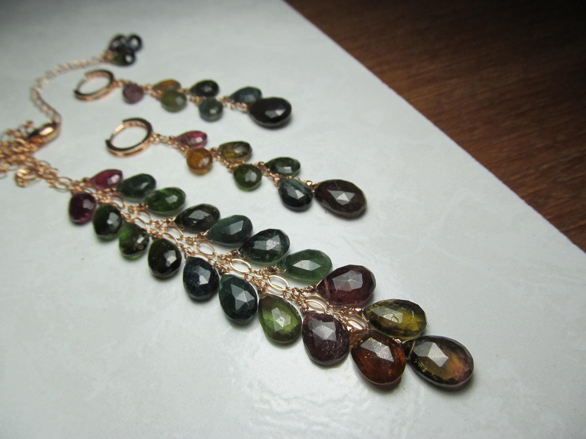 WATERMELON TOURMALINE dark tones faceted briolette beads 14k Rose Gold Filled Necklace Set