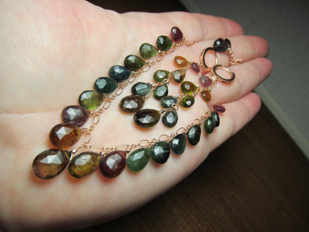 WATERMELON TOURMALINE dark tones faceted briolette beads 14k Rose Gold Filled Necklace Set