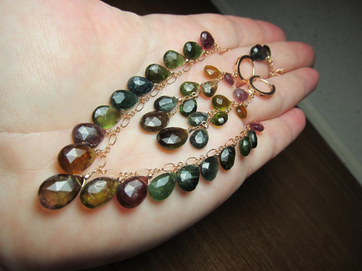 WATERMELON TOURMALINE dark tones faceted briolette beads 14k Rose Gold Filled Necklace Set