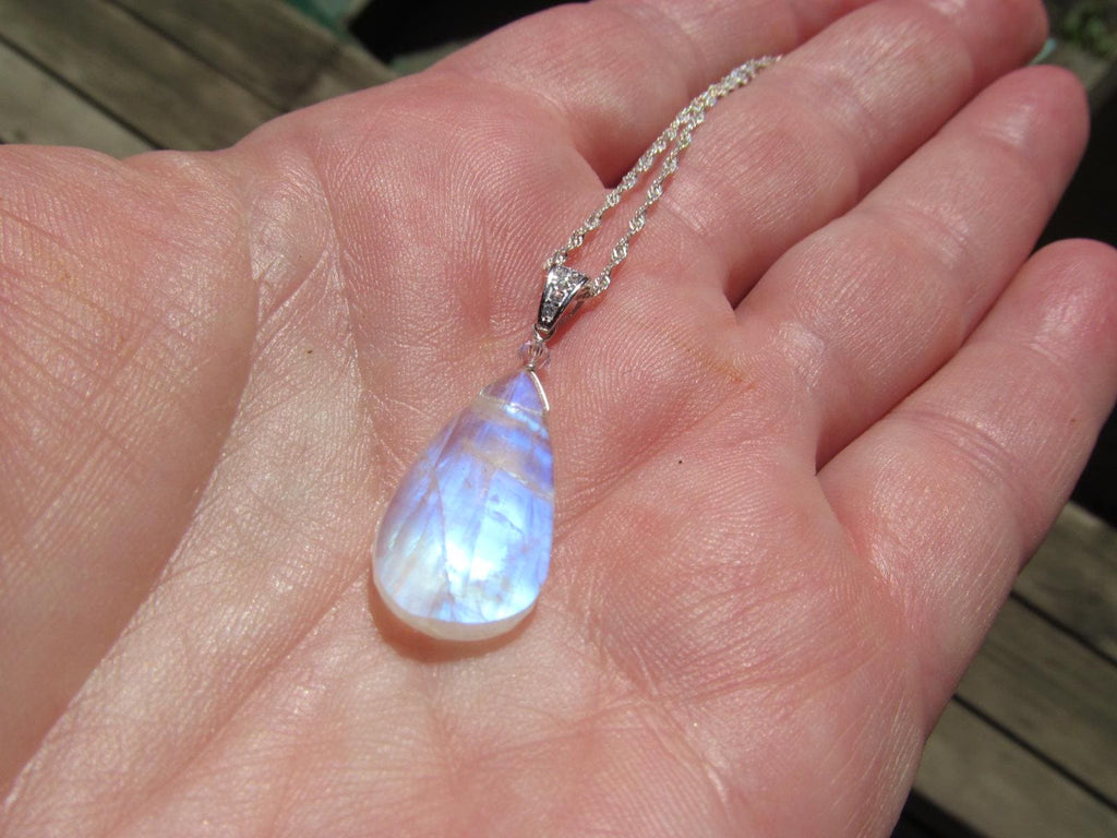 RAINBOW MOONSTONE faceted briolette pear bead sterling silver drop Pendant