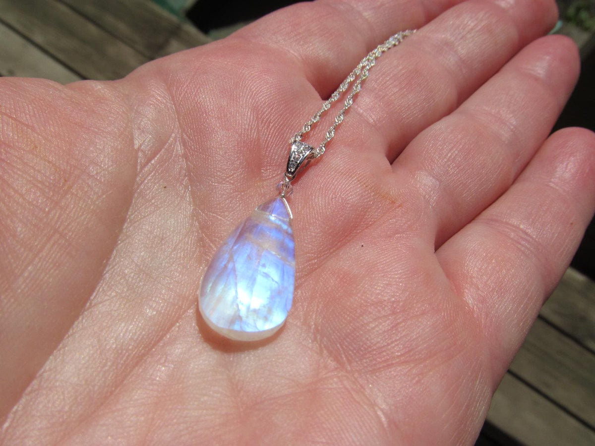 RAINBOW MOONSTONE faceted briolette pear bead sterling silver drop Pendant
