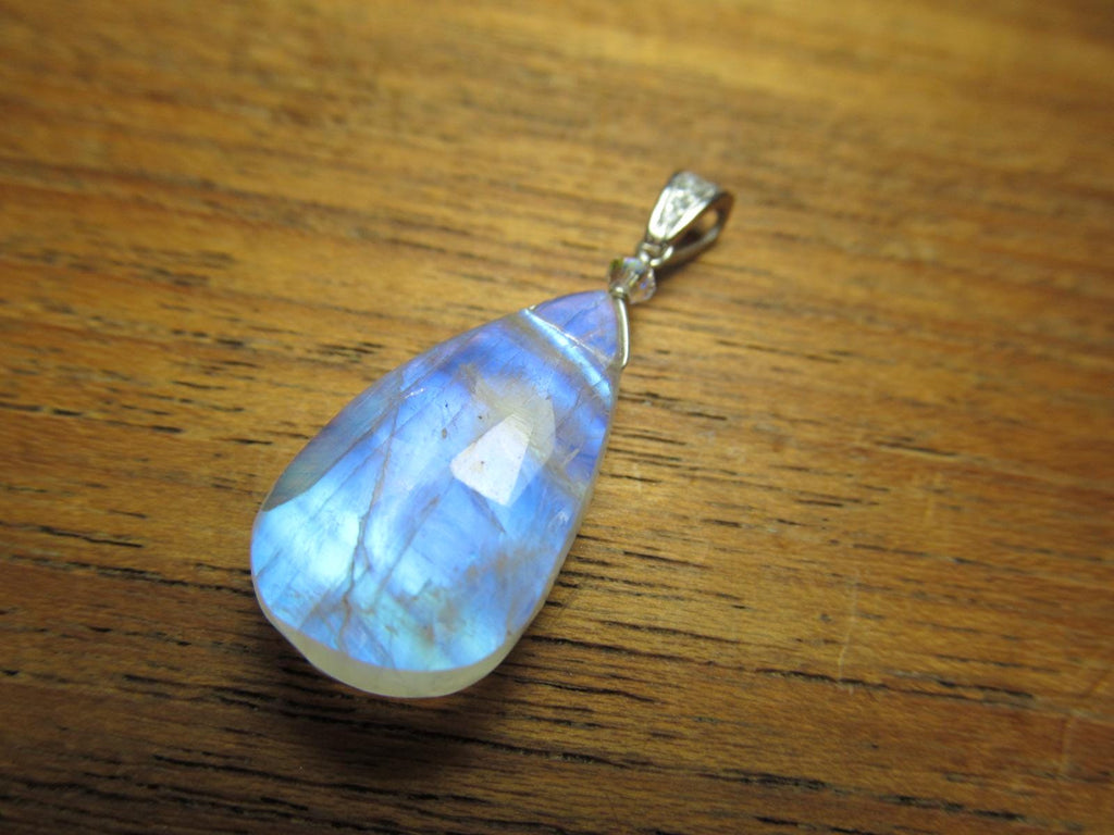 RAINBOW MOONSTONE faceted briolette pear bead sterling silver drop Pendant