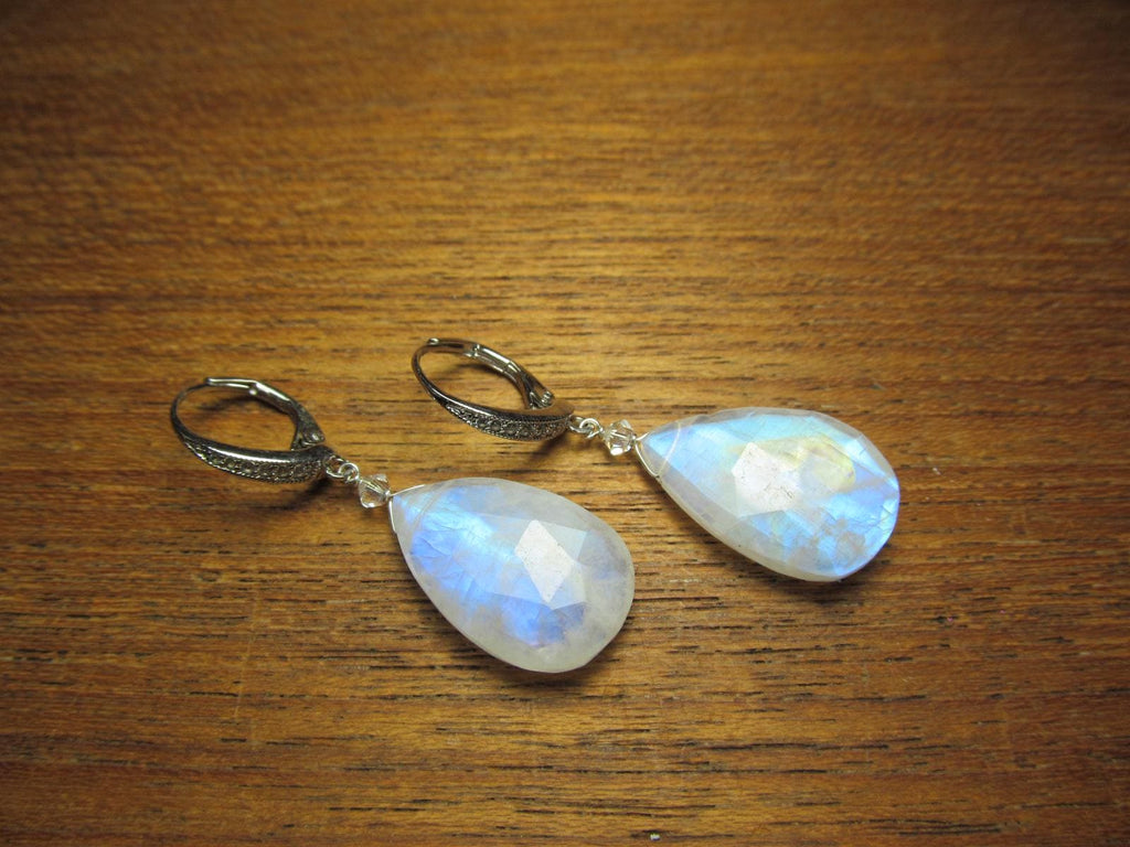 RAINBOW MOONSTONE faceted Teardrop beads Sterling Silver Drop Earrings