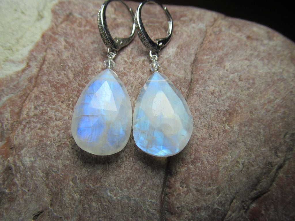 RAINBOW MOONSTONE faceted Teardrop beads Sterling Silver Drop Earrings