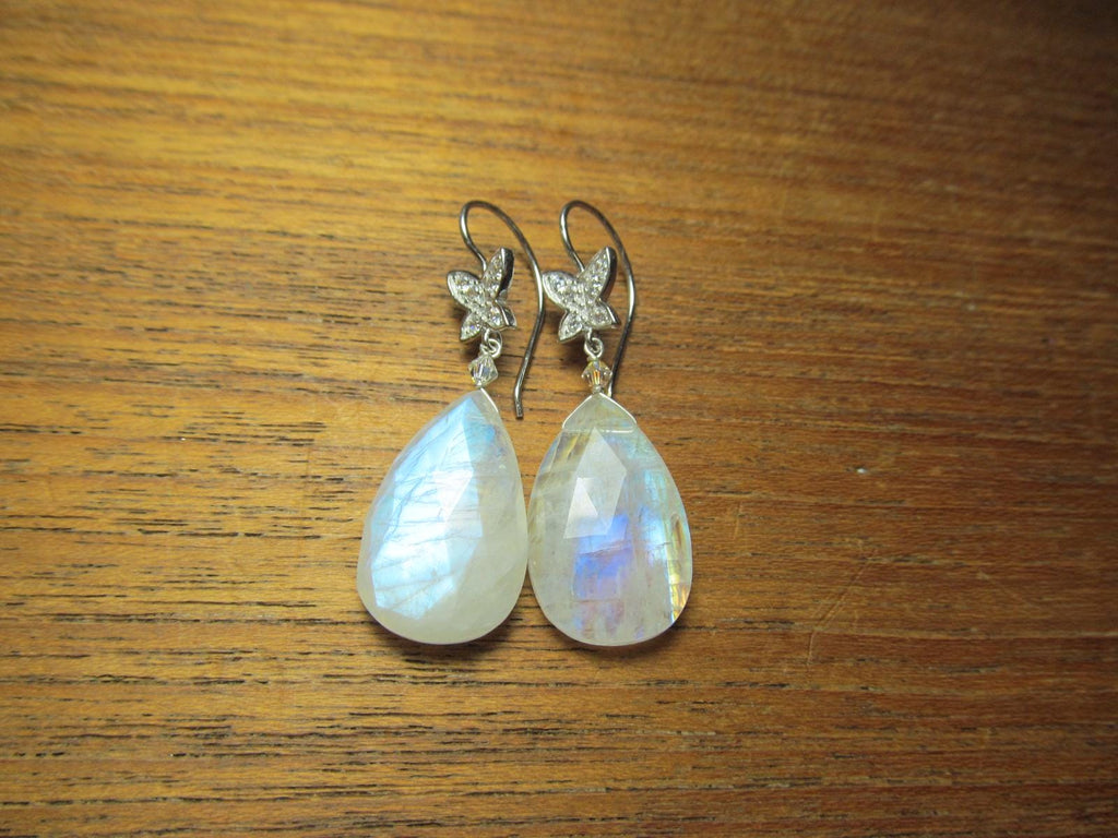 RAINBOW MOONSTONE faceted Teardrop beads Sterling Silver Drop Earrings