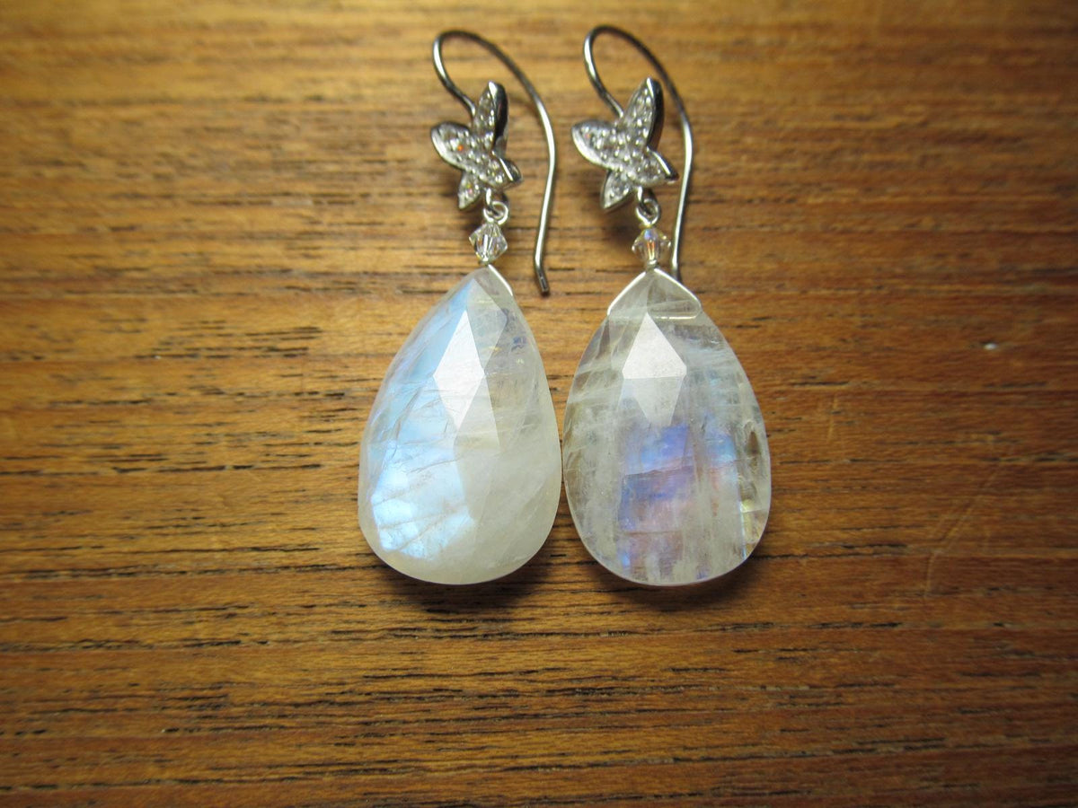 RAINBOW MOONSTONE faceted Teardrop beads Sterling Silver Drop Earrings