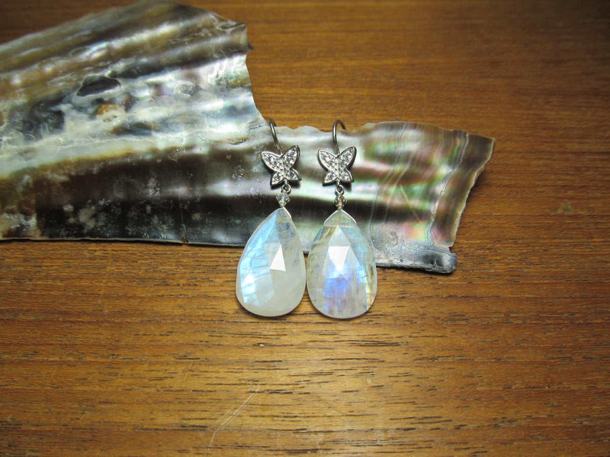 RAINBOW MOONSTONE faceted Teardrop beads Sterling Silver Drop Earrings