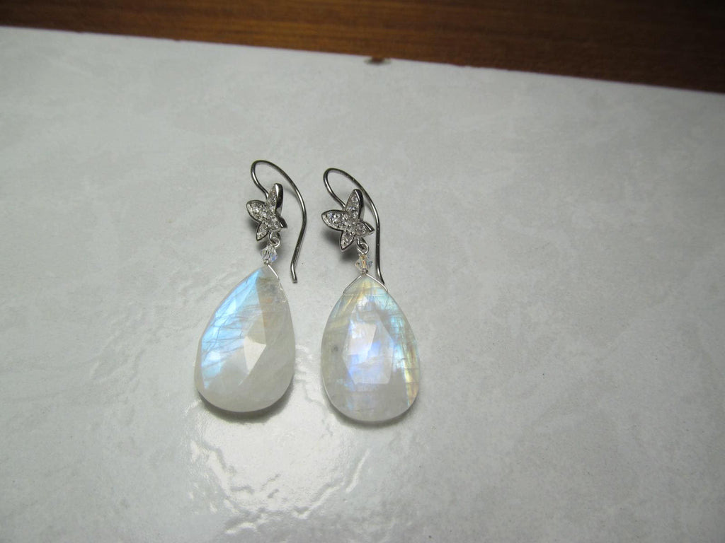 RAINBOW MOONSTONE faceted Teardrop beads Sterling Silver Drop Earrings