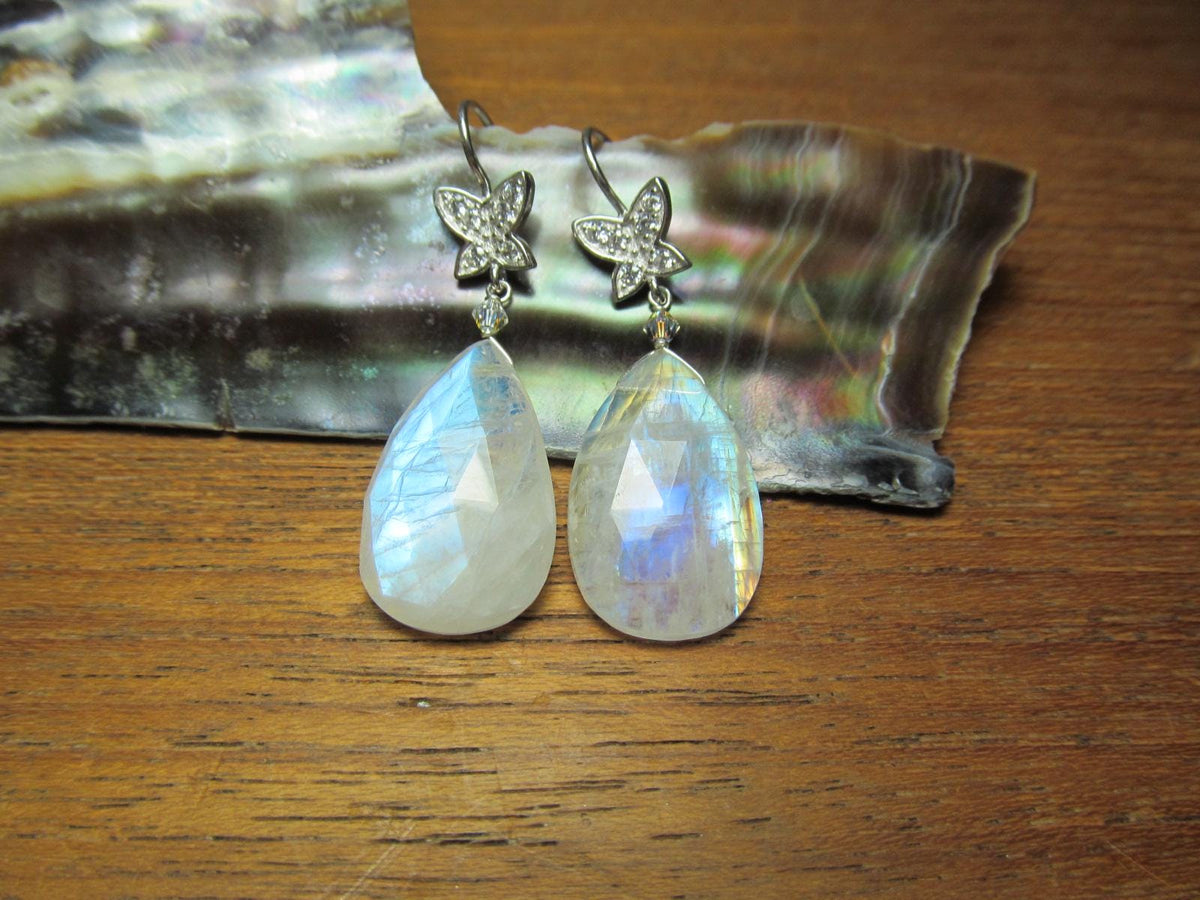 RAINBOW MOONSTONE faceted Teardrop beads Sterling Silver Drop Earrings