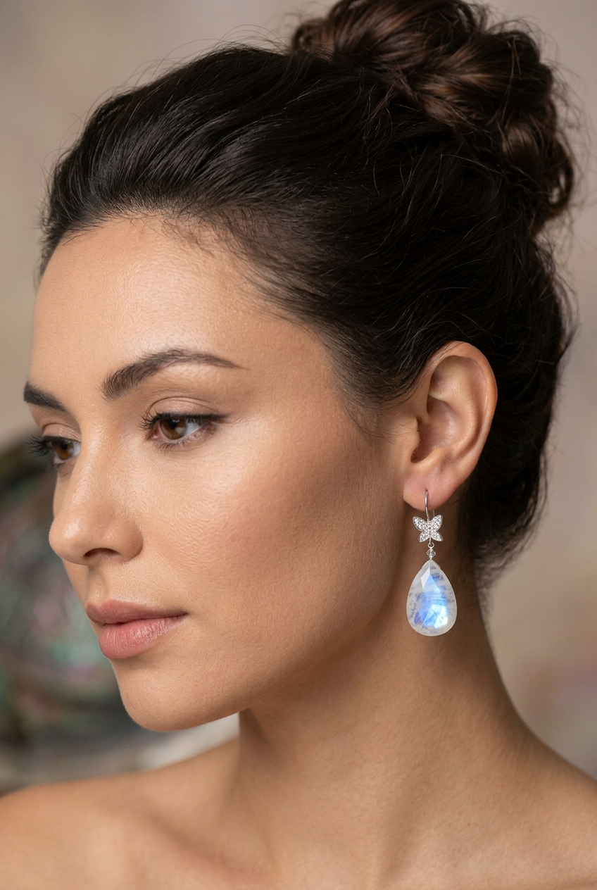 RAINBOW MOONSTONE faceted Teardrop beads Sterling Silver Drop Earrings