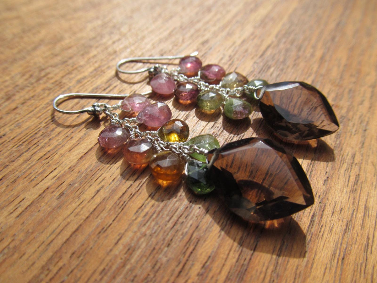 SMOKEY QUARTZ w/ Watermelon Tourmaline faceted briolettes beads Sterling silver drop dangle earrings