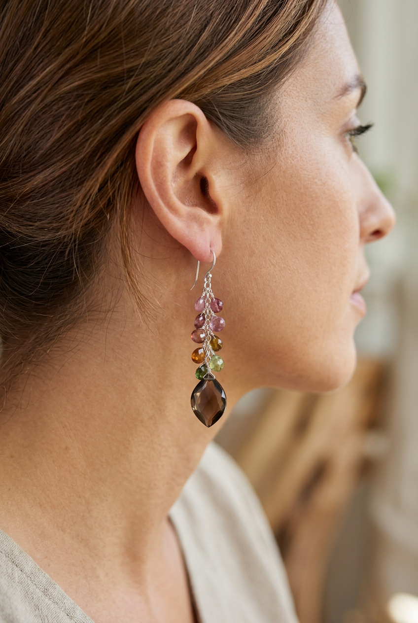 SMOKEY QUARTZ w/ Watermelon Tourmaline faceted briolettes beads Sterling silver drop dangle earrings
