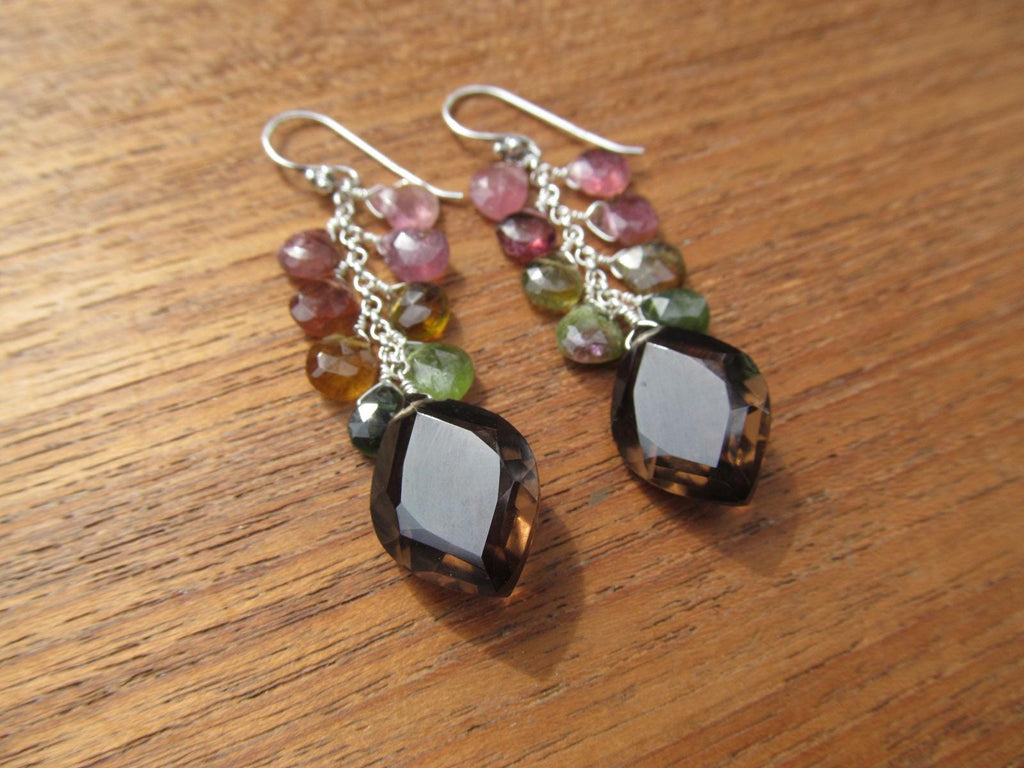 SMOKEY QUARTZ w/ Watermelon Tourmaline faceted briolettes beads Sterling silver drop dangle earrings