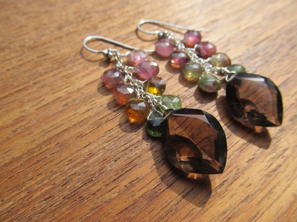 SMOKEY QUARTZ w/ Watermelon Tourmaline faceted briolettes beads Sterling silver drop dangle earrings