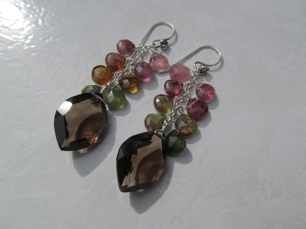 SMOKEY QUARTZ w/ Watermelon Tourmaline faceted briolettes beads Sterling silver drop dangle earrings
